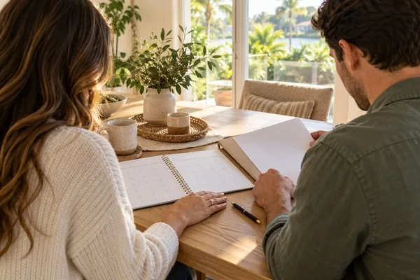 Engaged couple reviewing a document folder and an open calendar together at a sunlit table.