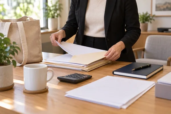 Person organizing document folders beside a calculator, notebook, and tote bag before a legal consultation.